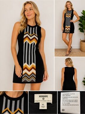Missoni Black Knit Mini Dress with Gold, Rust & Cream Chevron Panel